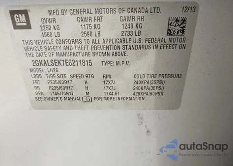 2014 GMC Terrain Slt-1 z USA, uszkodzony, nr VIN 2GKALSEK7E6211815